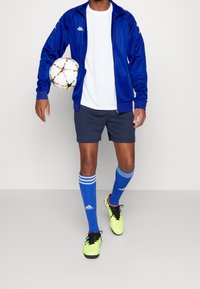 Blå sportjacka, vit t-shirt, marinblå shorts, blåa strumpor med vita ränder, ljusgula fotbollsskor, håller en färgglad fotboll.