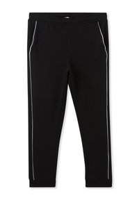 Pantaloni sportivi neri con una texture liscia, dotati di strisce laterali bianche, una vita elastica e polsini alla caviglia per un design aderente.