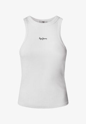 Hvit ribbet tanktop med rund hals og ermeløs design. Har en liten svart "Pepe Jeans" logo på brystet. Myk tekstur.