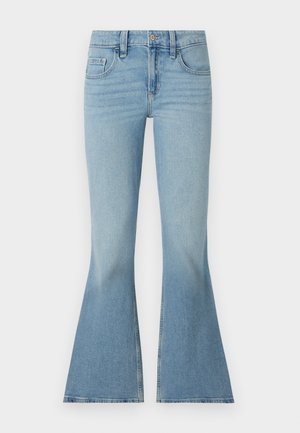 Jean flare en denim bleu clair avec une taille haute, un design à cinq poches, une légère décoloration et un ourlet large ; fabriqué en coton tissé.