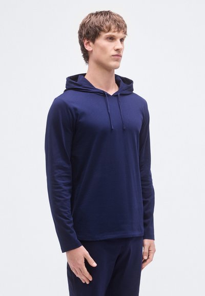 Hoodie de manga comprida azul-marinho com cordão, feito de tecido macio. Apresenta um ajuste descontraído e um design minimalista.