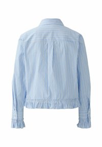 Blau-weiß gestreifte Bluse, kurzer Saum mit Rüschendetail, geknöpfte Manschetten, Kragen, Baumwollstoff, strukturierte Oberfläche.