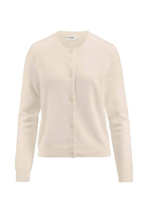 Cremfarbener Cardigan aus weichem Material mit Rundhalsausschnitt, langen Ärmeln und fünf passenden Knöpfen auf der Vorderseite.