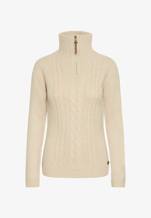 Pulover de culoare crem, cu guler înalt, fermoar la jumătate și model texturat de tricotaj în cablu. Manșete și tiv cu nervuri, dotat cu o etichetă logo subtilă.