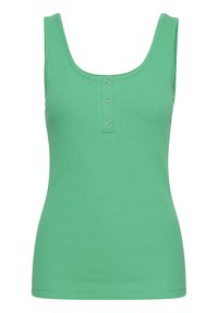 Grøn ribbet tanktop med en rundudskæring, tre-knaps placket og en tætsiddende pasform. Blød tekstur, ingen synlige mønstre eller accenter.