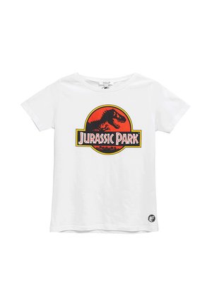 Biała bawełniana koszulka z krótkim rękawem z kolorowym logo Jurassic Park, w tym sylwetką dinozaura i wyraźnym napisem, oraz okr�ągłym dekoltem.