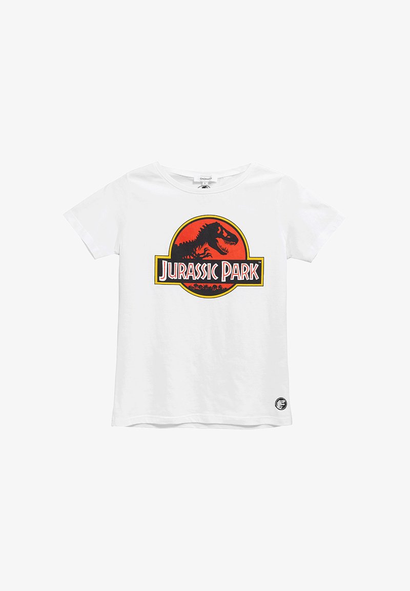 Weiße Baumwoll-T-Shirt mit einem bunten Jurassic Park-Logo, das eine Dinosaurier-Silhouette und fetten Text umfasst, kurze Ärmel und einen runden Ausschnitt.