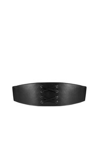 Ceinture corset en simili cuir noir avec une finition lisse, présentant un détail de laçage en croix et des œillets métalliques, plus large au centre.