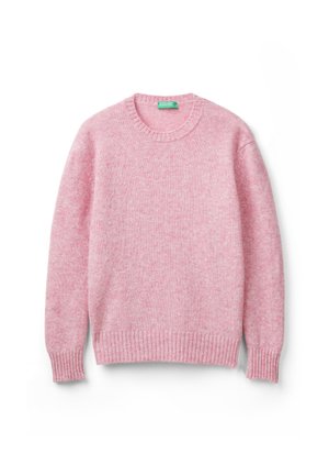Suéter rosa de lana con cuello redondo, puños y dobladillo acanalados, textura suave y un acabado ligeramente jaspeado, adecuado para uso casual.