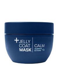 Contenitore rotondo blu per la Maschera Jelly Coat, etichettato "CALM", con testo bianco e finitura opaca. Contiene alginato ed ectoina.