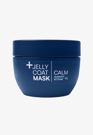 Blå, rund beholder til Jelly Coat Maske, mærket "CALM," med hvid tekst og en mat finish. Indeholder alginat og ectoine.