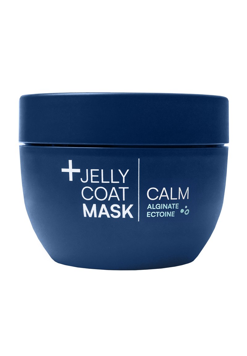 Contenitore rotondo blu per la Maschera Jelly Coat, etichettato "CALM", con testo bianco e finitura opaca. Contiene alginato ed ectoina.