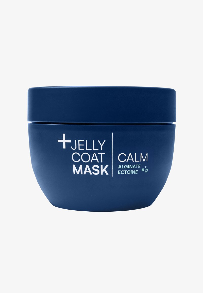 Blå, rund behållare för Jelly Coat Mask, märkt "CALM," med vit text och matt finish. Innehåller alginat och ektoin.