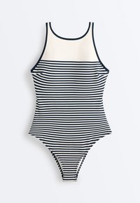 Maillot de bain une pièce rayé bleu marine et blanc avec encolure haute et bordure sombre, posé à plat sur fond blanc.