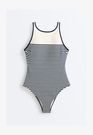 Marineblauw en wit gestreept badpak met hoge nek en donkere randafwerking langs de randen, plat gelegd op een witte achtergrond.
