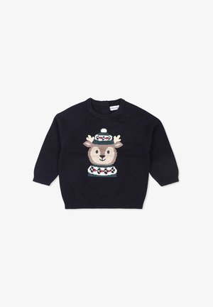 Marineblauer Kinderpullover mit einem Rentier, das eine gemusterte Wintermütze und einen Schal trägt, auf der Vorderseite gestrickt.