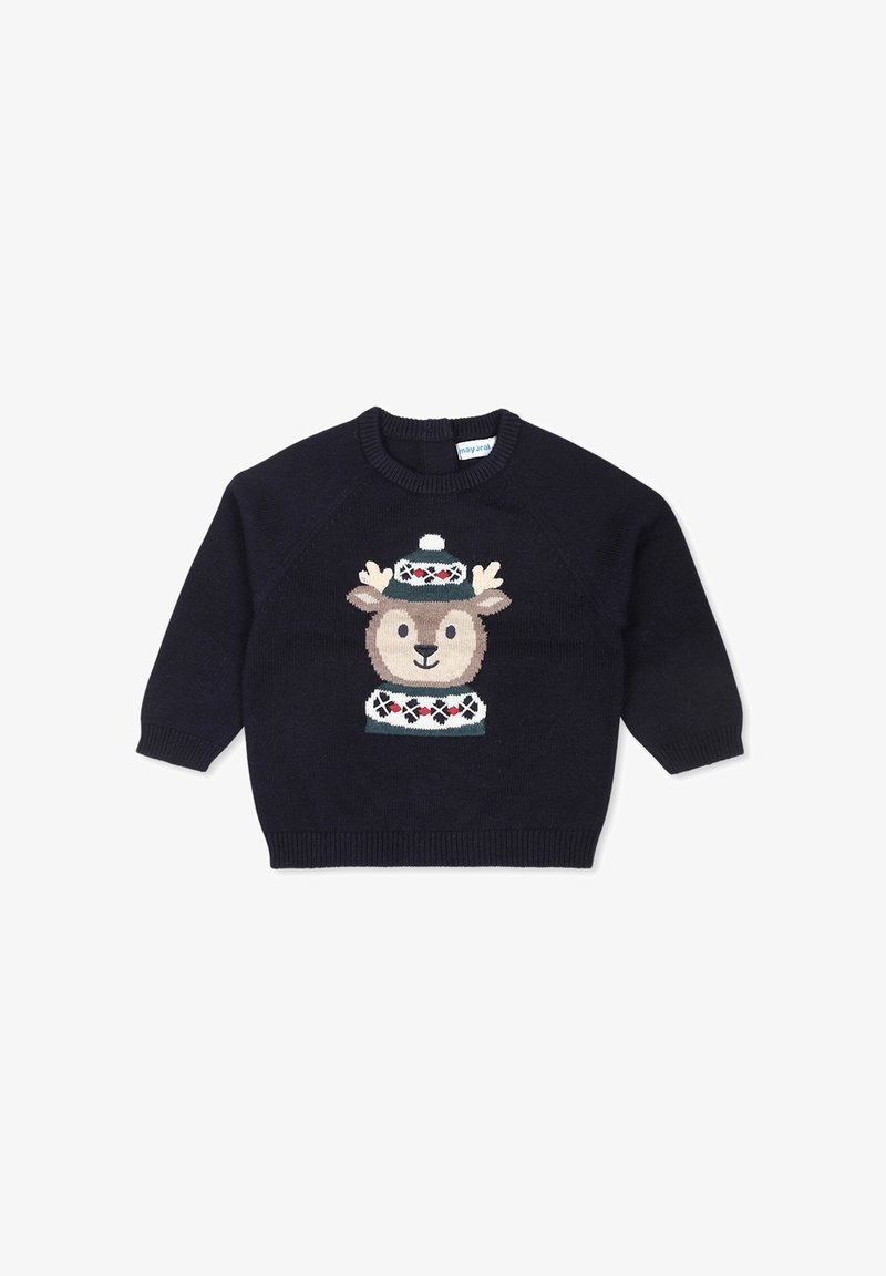 Pull bleu marine pour enfant avec un renne portant un bonnet d'hiver à motifs et une écharpe tricotés sur le devant.