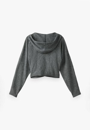 Dunkelgrauer Cropped-Hoodie mit langen Ärmeln, von hinten vor weißem Hintergrund gezeigt.