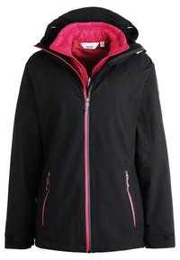 Veste noire à capuche avec fermeture éclair rose vif et doublure intérieure, avec poches latérales zippées et bracelets de poignet ajustables.