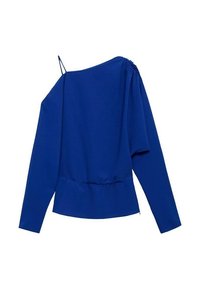 Top a spalla unica e manica lunga in tessuto blu brillante. Presenta dettagli arricciati sulla spalla e un orlo arricciato per un look aderente.