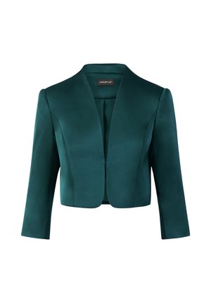 Türkisfarbener, taillierter Blazer mit glatter, seidig-ähnlicher Oberfläche. Verfügt über einen Schalkragen und Dreiviertelärmel, entworfen mit einer maßgeschneiderten Silhouette.