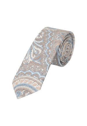 Gemusterte Krawatte mit komplexen Designs in Beige, Hellblau und Weiß. Runde Spitze mit einer glatten Textur und einem gerollten Aussehen.