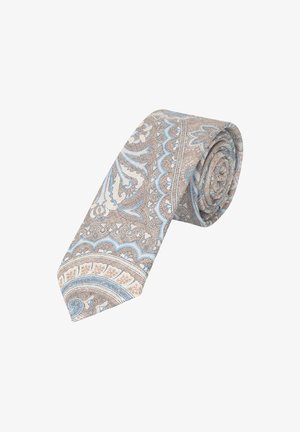 Patterned tie featuring intricate designs in beige, light blue, and white. Round tip with a smooth texture and a rolled appearance.