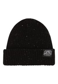 Bonnet en tricot noir avec des accents blancs mouchetés, texture côtelée et ourlet replié. Présente un patch logo rectangulaire en blanc et noir.