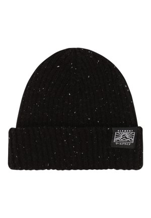 Black knit beanie with speckled white accents, ribbed texture, and a folded hem. Features a rectangular logo patch in white and black.
