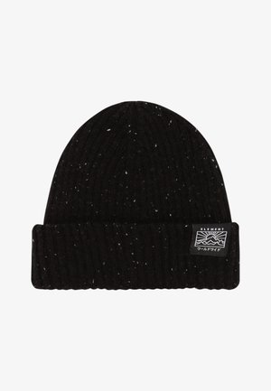 Zwarte gebreide beanie met gespikkel witte accenten, geribbelde textuur en een omgevouwen zoom. Beschikt over een rechthoekig logopatch in wit en zwart.
