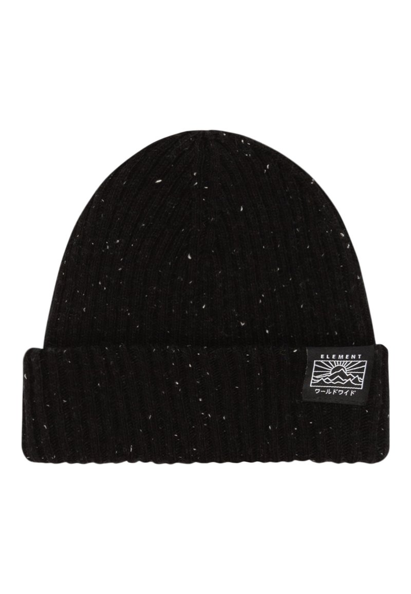 Bonnet en tricot noir avec des accents blancs mouchetés, texture côtelée et ourlet replié. Présente un patch logo rectangulaire en blanc et noir.
