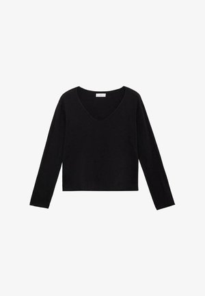 Maglietta nera a maniche lunghe con scollatura a V profonda, realizzata in tessuto morbido. Presenta una vestibilità comoda e un orlo dritto. Nessun motivo o dettaglio aggiuntivo.