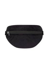 Riñonera de ante negra con un diseño curvado, que cuenta con un cierre de cremallera en la parte superior y un frontal plano para un acceso fácil. Superficie texturizada.