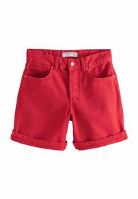 Röda denimshorts med en avslappnad passform, med uppvikta fållar, två framfickor och knappstängning. Slät textur och robust design.