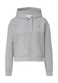 Jasnoszara, kr�ótka bluza z kapturem, długimi rękawami, sznurkiem w kapturze, ściągaczami na mankietach i dole, oraz małym haftowanym logo na piersi.