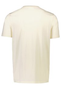 Kermanvärinen puuvillapaita, jossa on pyöreä pääntie, lyhyet hihat ja tasainen, pehmeä rakenne. Ei näkyviä merkittäviä kuvioita tai koristeita.