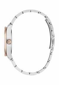 Silver- och rosaguldsklocka med rund klockkapsel, metallarmband, polerad yta och en framträdande logotypdetalj på sidan.