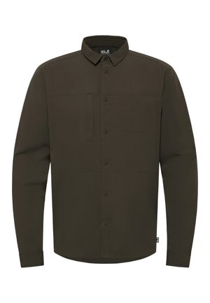 Donkergroen herenoverhemd met knopen, lange mouwen, borstzak aan de voorkant en puntige kraag, merk Jack Wolfskin.