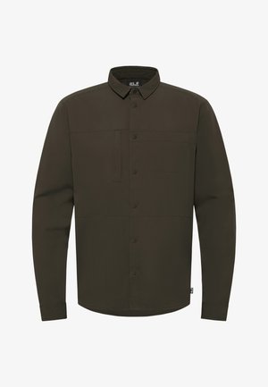 Donkergroen herenoverhemd met knopen, lange mouwen, borstzak aan de voorkant en puntige kraag, merk Jack Wolfskin.