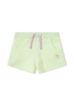 Pantalones cortos para niños pequeños de color verde claro con cordón rosa y blanco, cintura elástica, bolsillos delanteros y un pequeño parche redondo en la pierna izquierda.