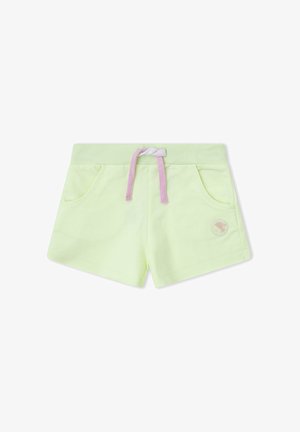 Pantalones cortos para niños pequeños de color verde claro con cordón rosa y blanco, cintura elástica, bolsillos delanteros y un pequeño parche redondo en la pierna izquierda.