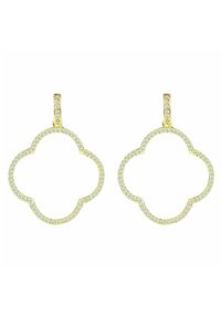 Gold-tone earrings with a clover shape, featuring a textured edge and adorned with clear, sparkling stones along the perimeter.