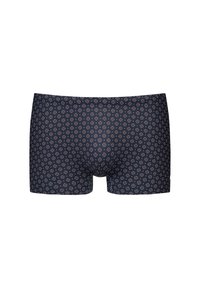 Donkerblauwe boxershorts met een cirkelvormig patroon in wit en rood. Gemaakt van rekbare stof met een zachte textuur en een elastische tailleband.