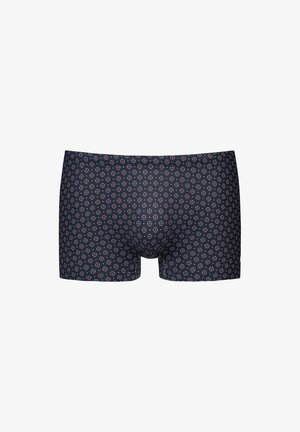 Marineblaue Boxershorts mit einem kreisförmigen Muster in Weiß und Rot. Hergestellt aus elastischem Stoff mit einer weichen Textur und einem elastischen Bund.