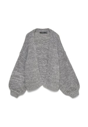 Pilkas storas megztinis su didelėmis balioninėmis rankovėmis ir atvira priekyje, išdėliotas ant balto fono.