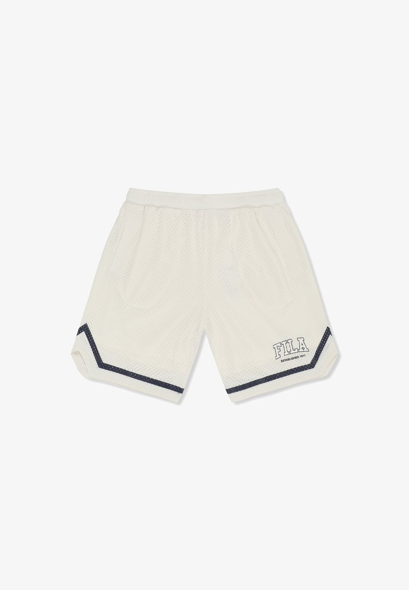 Shorts de sport en maille blanche avec taille élastique, poches latérales, bordure noire aux ouvertures des jambes, et logo FILA sur la jambe gauche.