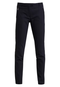 Pantalon bleu marine en tissu lisse, avec une coupe ajustée, des poches avant avec fermeture éclair et un design plat.