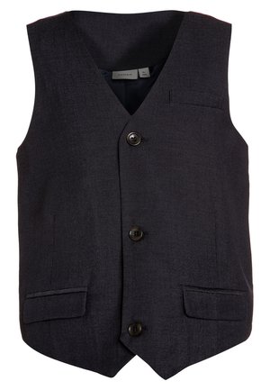 Mørkegrå skræddersyet vest med tre sorte knapper, to forlommer med klap og en lille brystlomme.