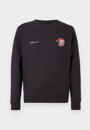 Black sweatshirt made of cotton, featuring a round neck, ribbed cuffs, and a red helmet graphic with checkered accents. "REPLAY" logo embroidered.