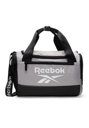 Borsa da palestra Reebok grigia e nera con doppie maniglie, tasca frontale con cerniera e tracolla regolabile con marchio Reebok.